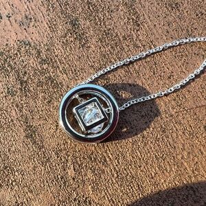 Circle Square Cage Cubic Zirconia Pendant Sterling Silver 925 , Platinum Plated